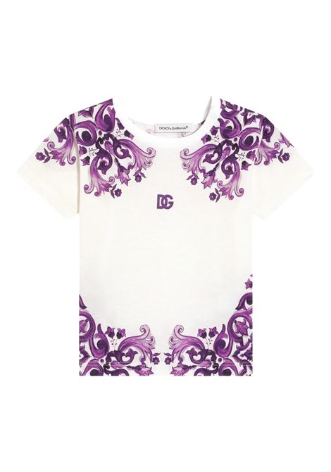 White DG T-Shirt with Purple Maiolica Print DOLCE & GABBANA KIDS | L2JTKT-II7H3I23TN